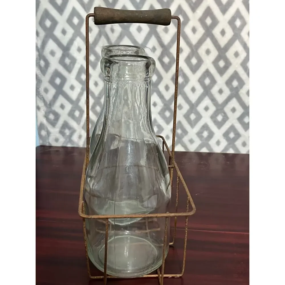 VTG Milk Bottles Rustic Metal Carrier Farmhouse Decor Cottage Core Dairy Cow - Picture 2 of 9